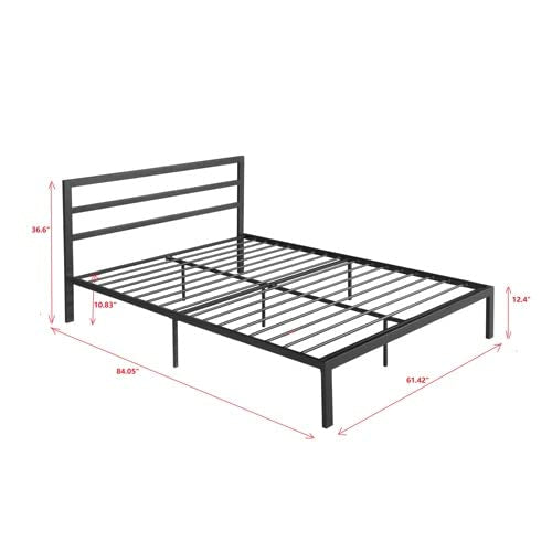 14 Inch Queen Size Black Metal Platform Bed with Spindle Headboard U7636
