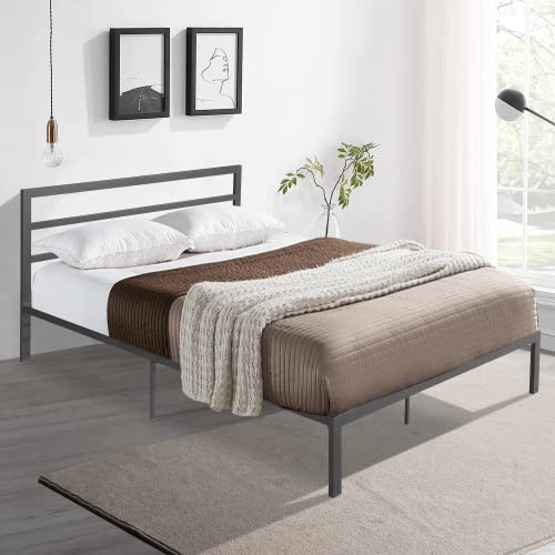 14 Inch Queen Size Black Metal Platform Bed with Spindle Headboard U7636