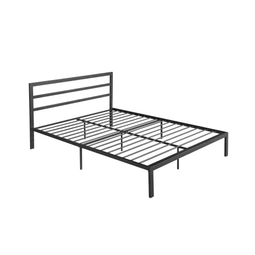 14 Inch Queen Size Black Metal Platform Bed with Spindle Headboard U7636