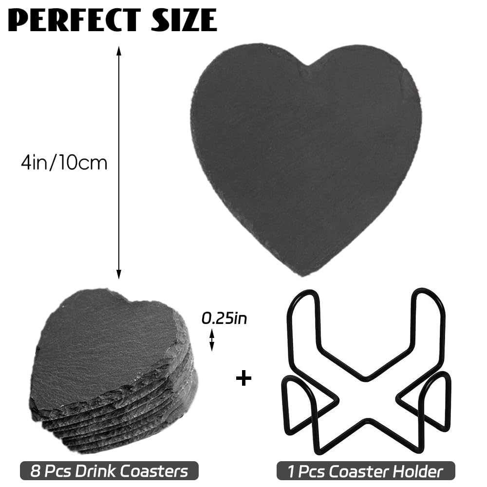 8 Pack Black Slate Coasters with Metal Holder O57879