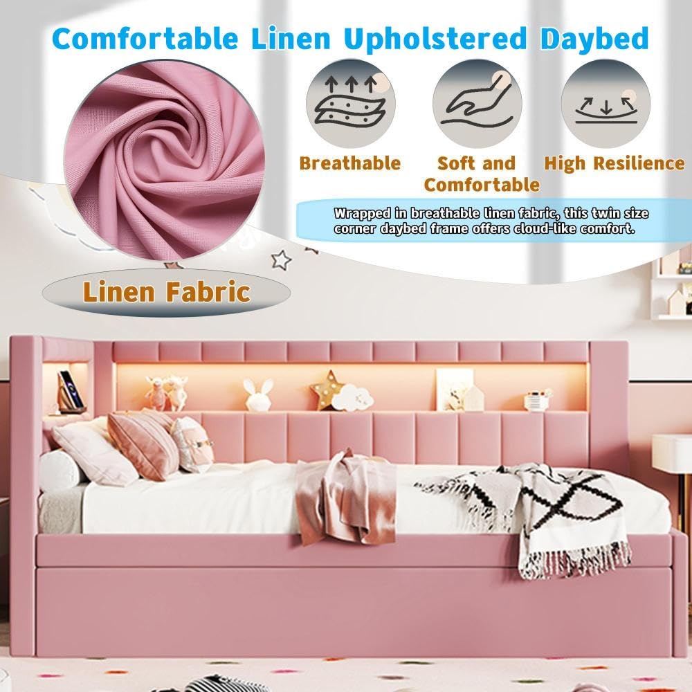 Twin Size Linen Fabric Daybed with Trundle and USB Ports K30954