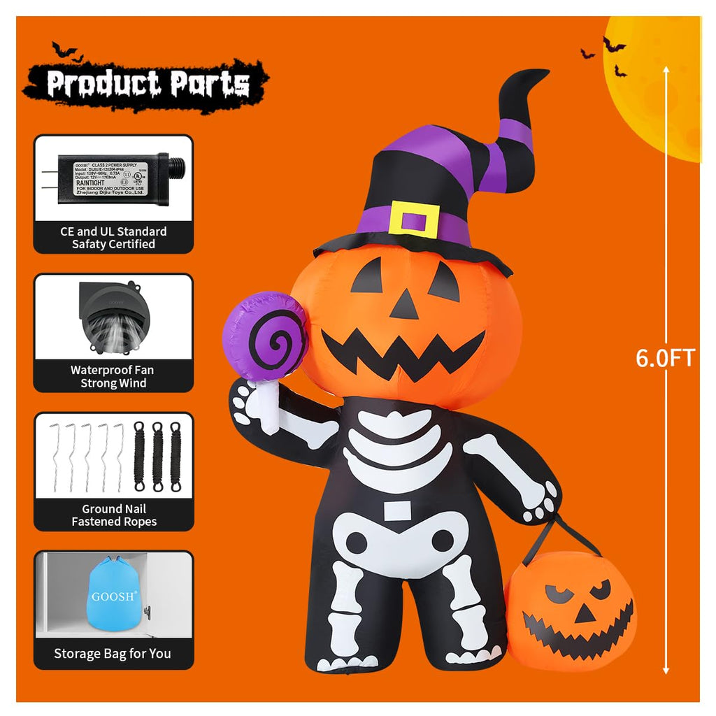 6 FT Inflatable Pumpkin Skull Outdoor Decoration with Built-in LEDs Z18381