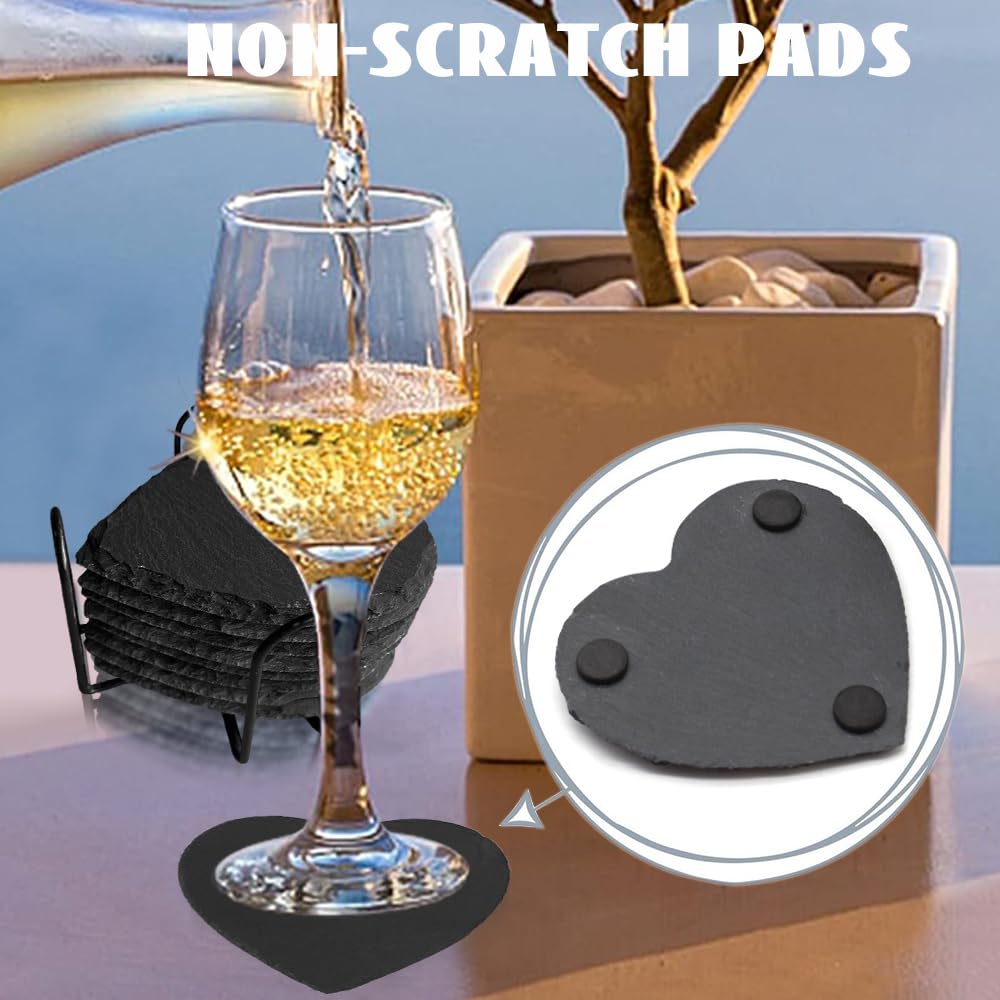 8 Pack Black Slate Coasters with Metal Holder O57879