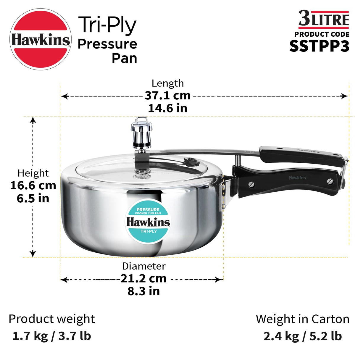 3 Litre Tri-Ply Stainless Steel Pressure Cooker G366434