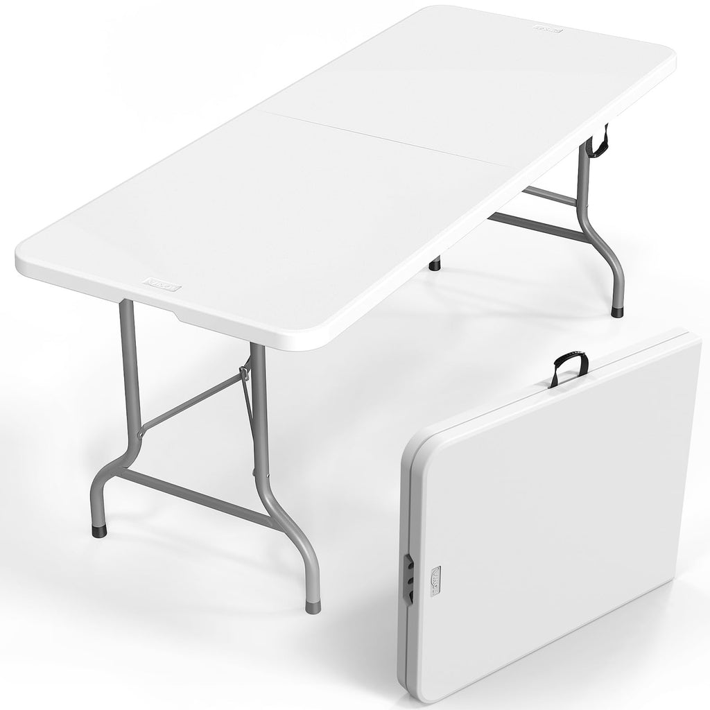6 Foot White Plastic Folding Table with Carrying Handle W746533
