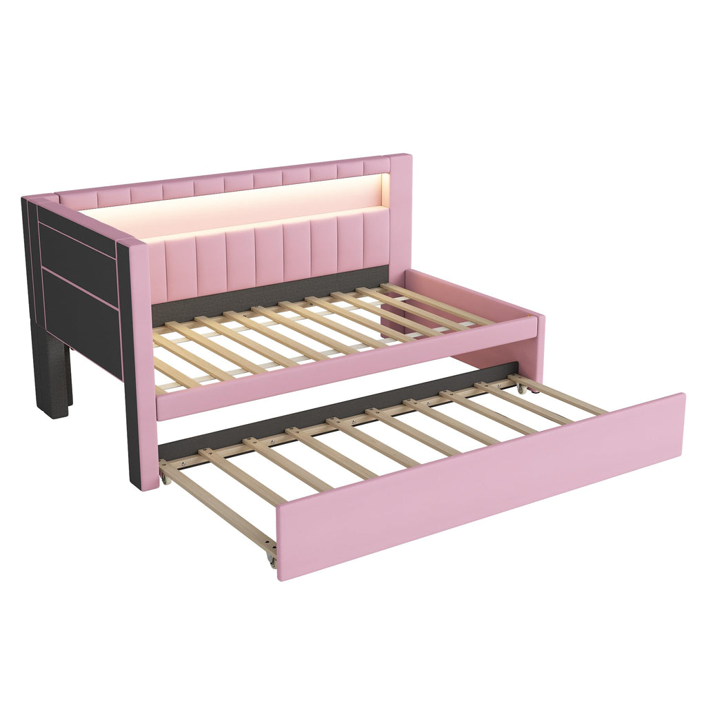 Twin Size Linen Fabric Daybed with Trundle and USB Ports K30954