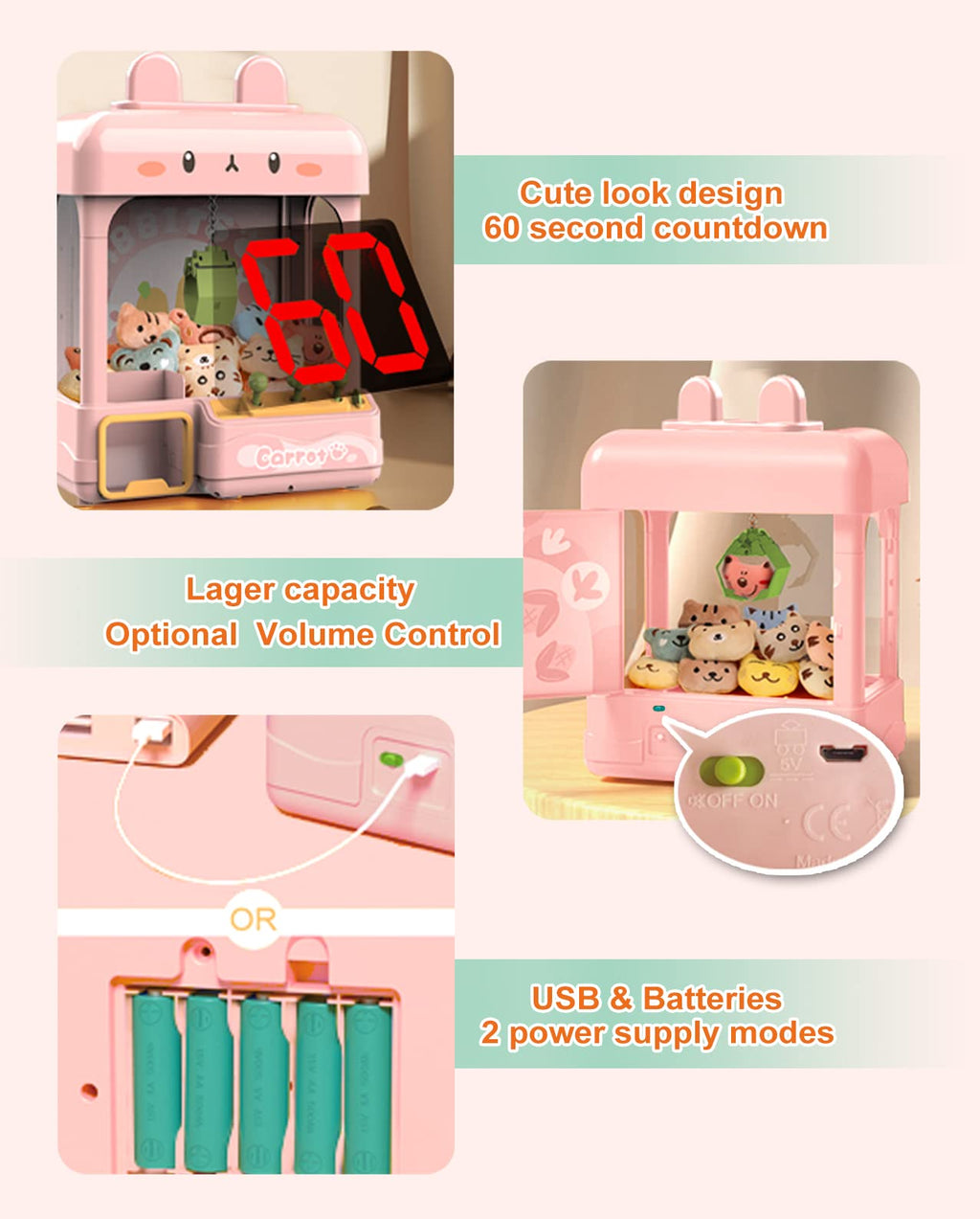 Large Claw Machine with Prizes, Adjustable Sound & Light, Mini Vending Machine, Electronic Arcade Crane Game, Candy Dispenser Toy Y553