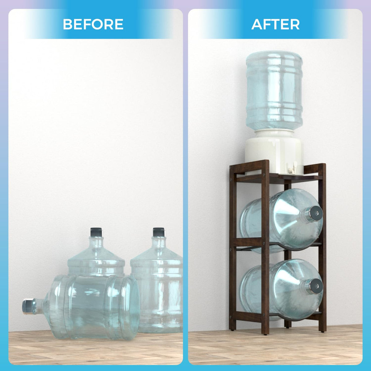 5 Gallon Water Jug Holder with Top Shelves, 3-Tiers Solid Wood Water Dispenser Stand K3592
