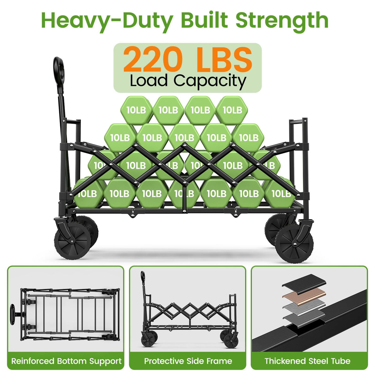 35" Extra Long Folding Wagon with Adjustable Handle & Wheels, Black D4175
