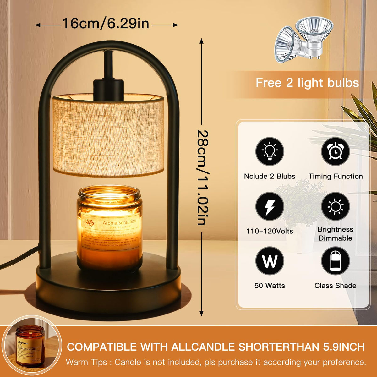 Dimmable Candle Warmer Lamp with Timer and 2 Bulbs G2287