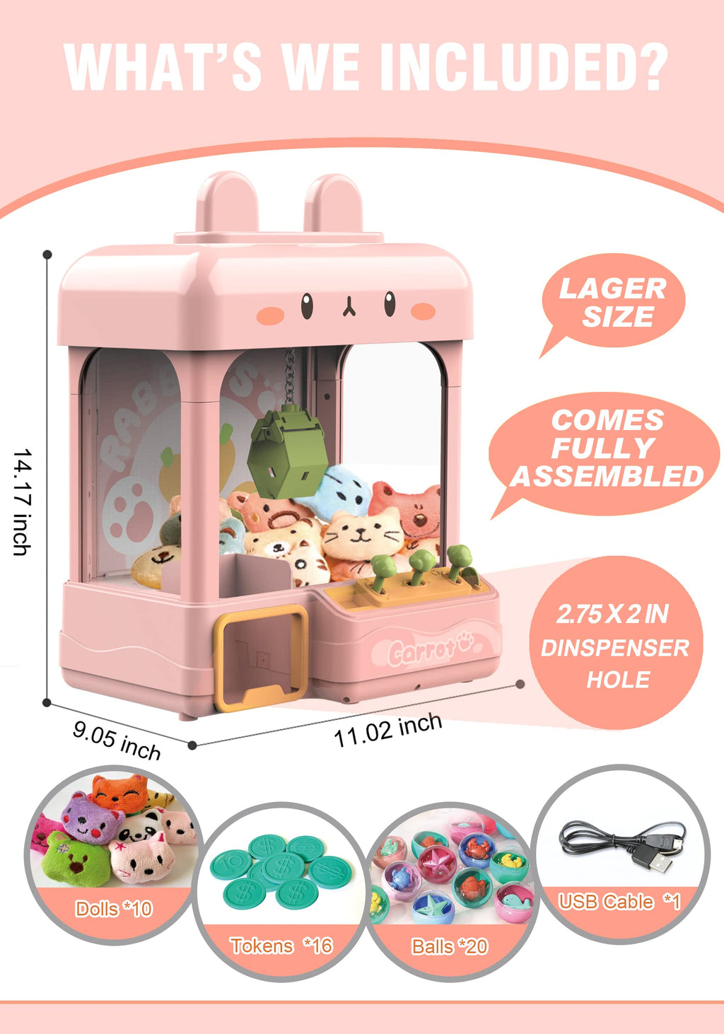 Large Claw Machine with Prizes, Adjustable Sound & Light, Mini Vending Machine, Electronic Arcade Crane Game, Candy Dispenser Toy Y553