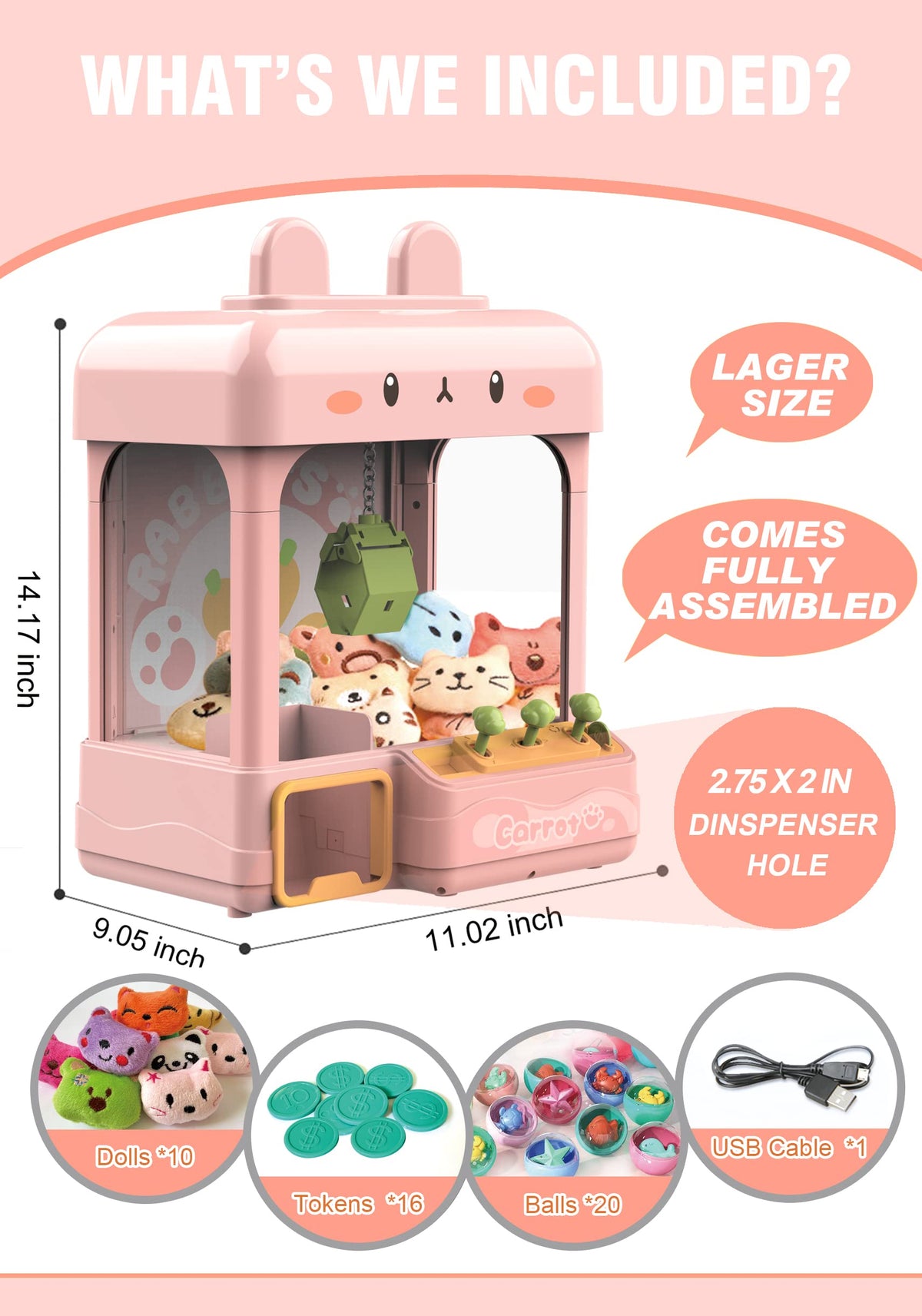 Large Claw Machine with Prizes, Adjustable Sound & Light, Mini Vending Machine, Electronic Arcade Crane Game, Candy Dispenser Toy Y553
