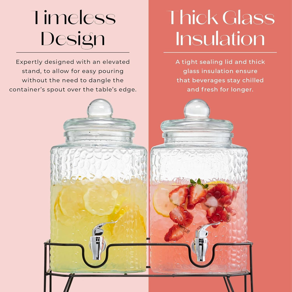 Glass Beverage Dispenser with Metal Stand Set of 2 O4226
