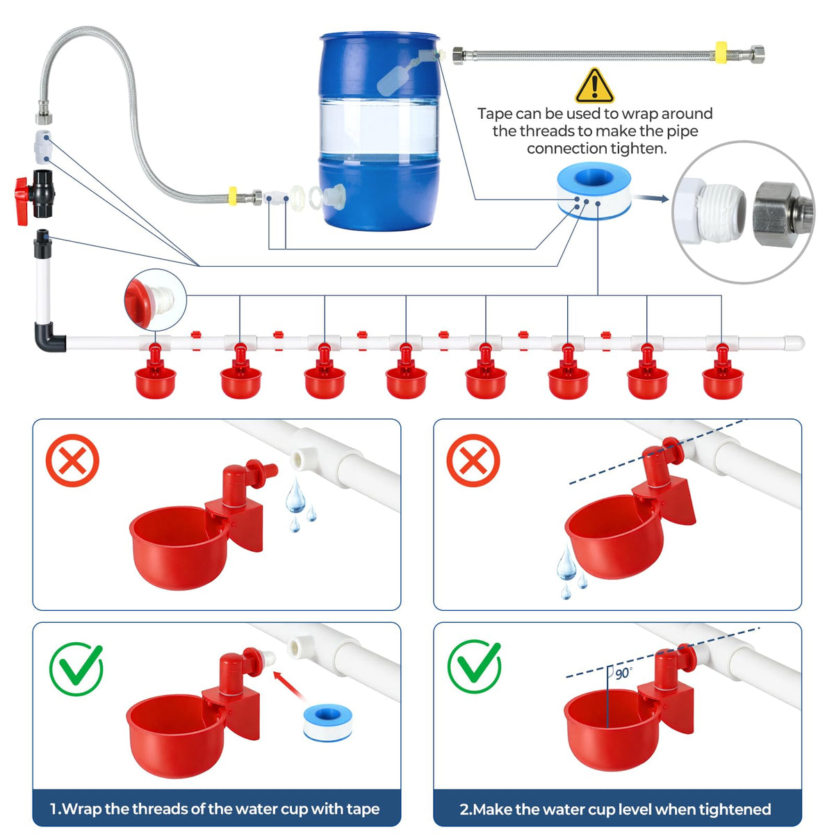 57 Pcs Automatic Chicken Waterer System Set with 8 Water Cups M592