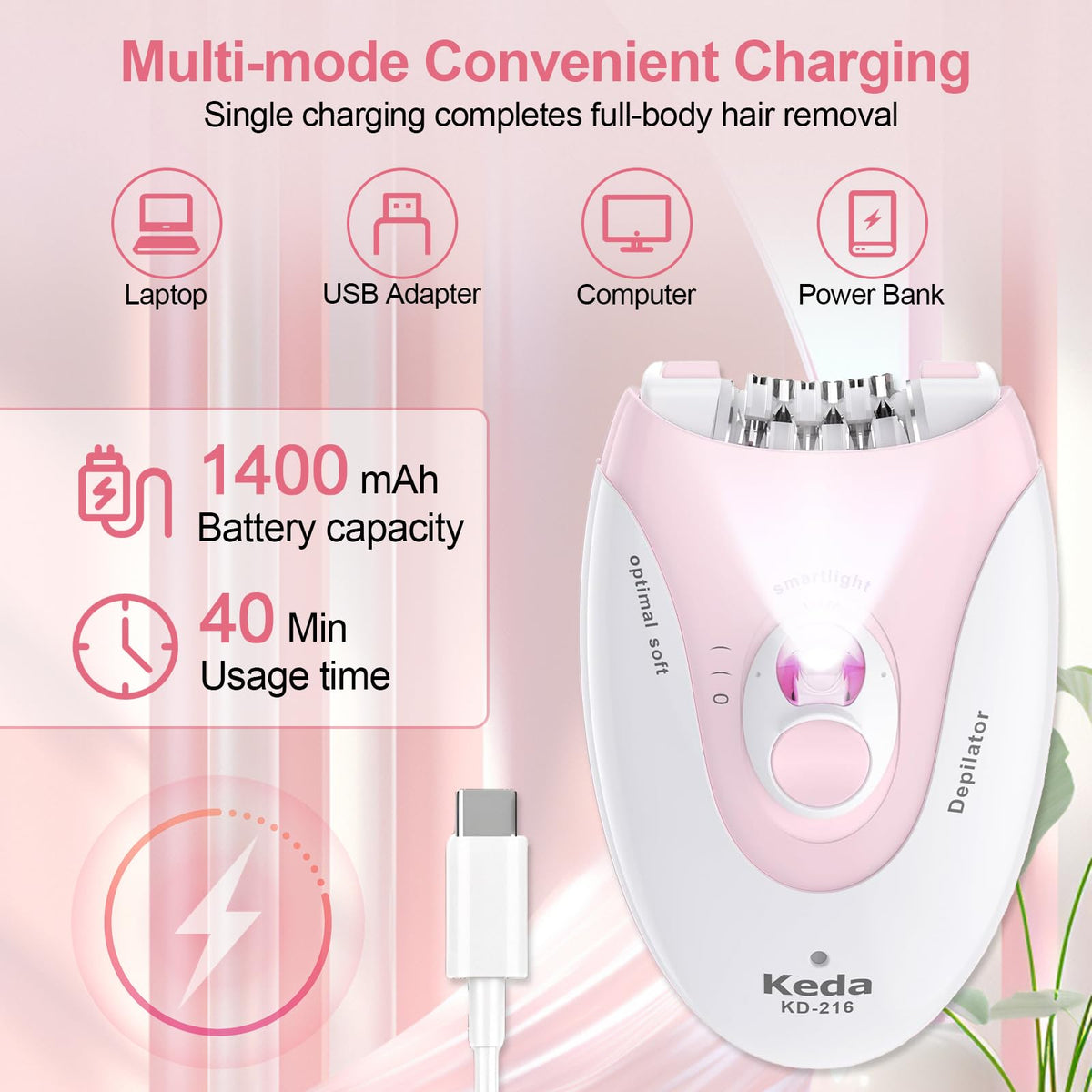 2 Speeds Rechargeable Epilator with LED Light C528