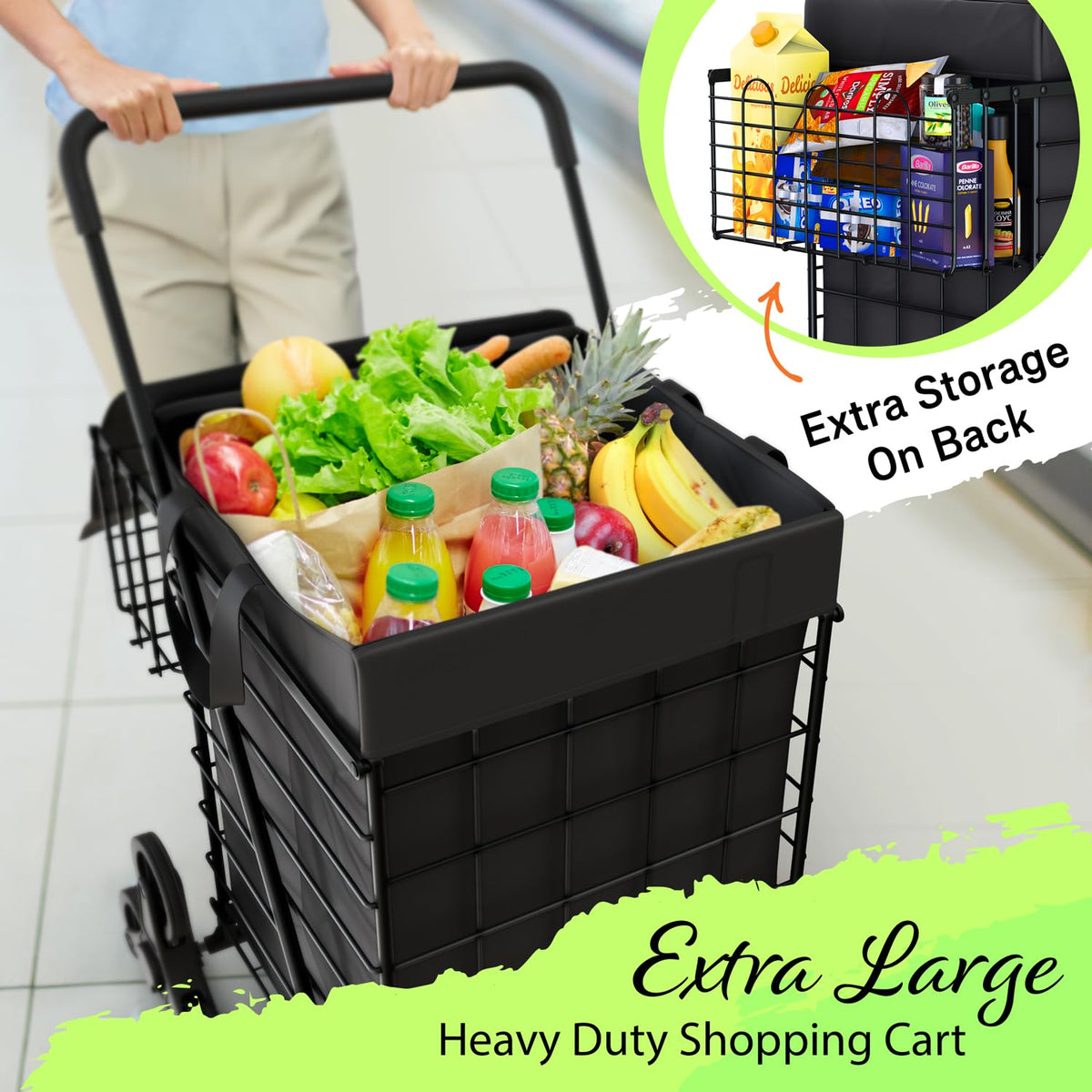 Foldable Lightweight Shopping Cart with Swivel Wheels & Basket Liner V2117