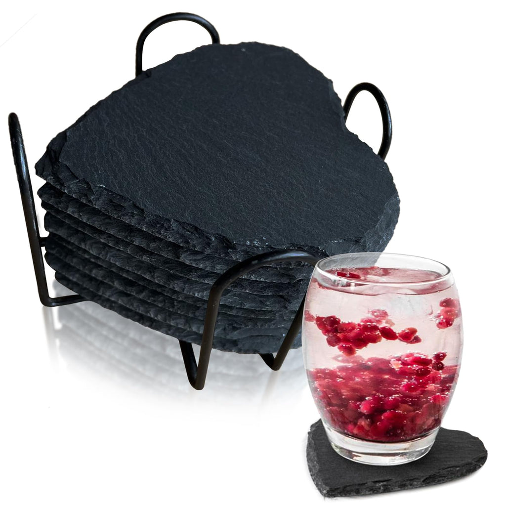 8 Pack Black Slate Coasters with Metal Holder O57879