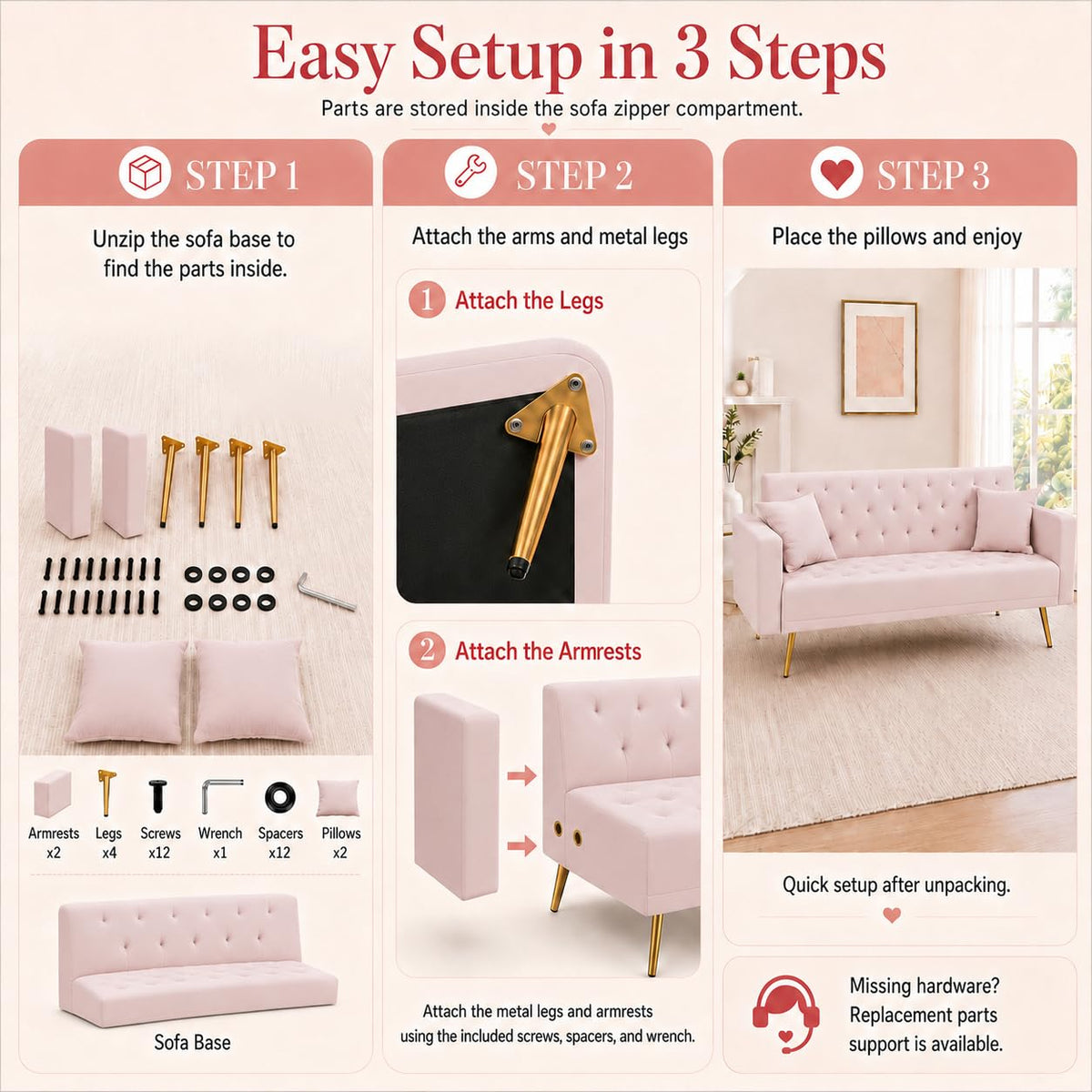 Pink Velvet Futon Sofa Bed F55310
