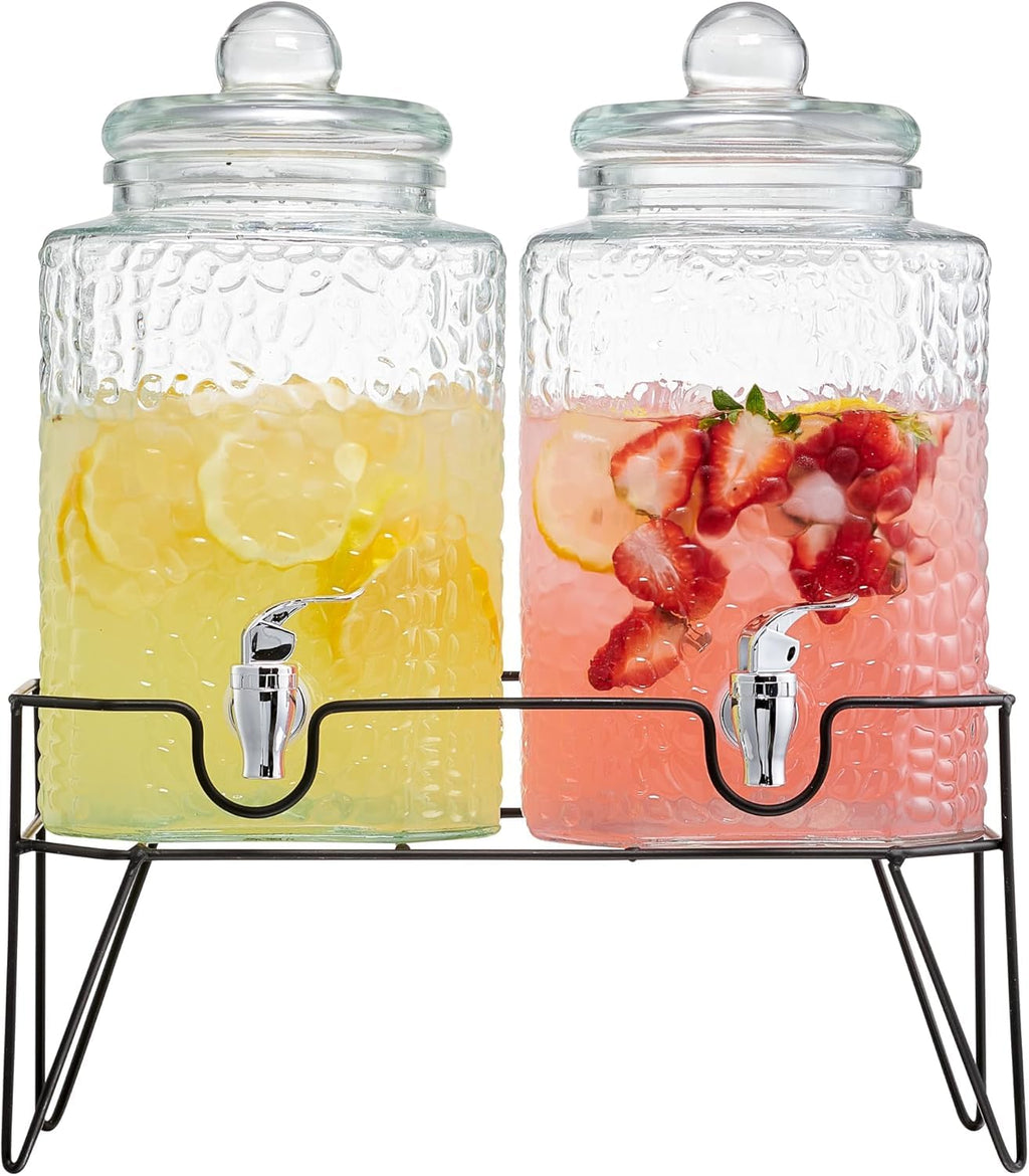 Glass Beverage Dispenser with Metal Stand Set of 2 O4226
