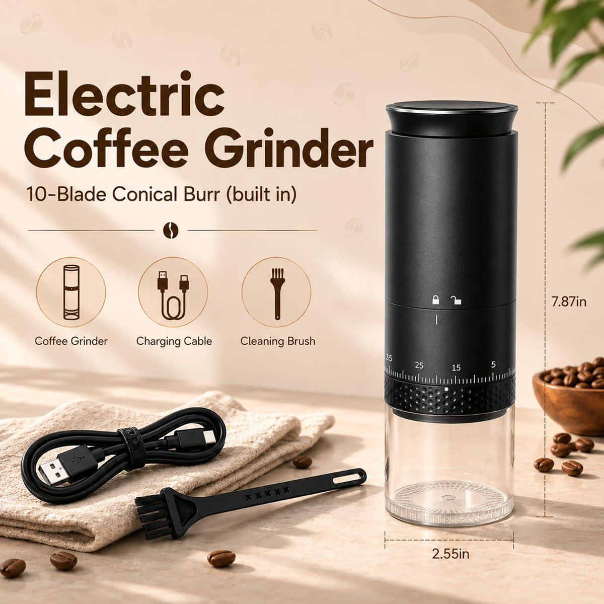Portable Electric Coffee Grinder, Stainless Steel Conical Mill, USB-C Cordless, 38 Adjustable Grind Settings O8121
