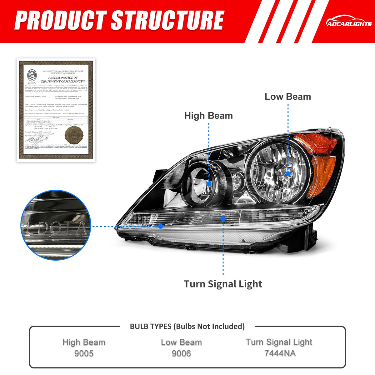 Black Housing Amber Reflector Headlight Assembly Pair R947