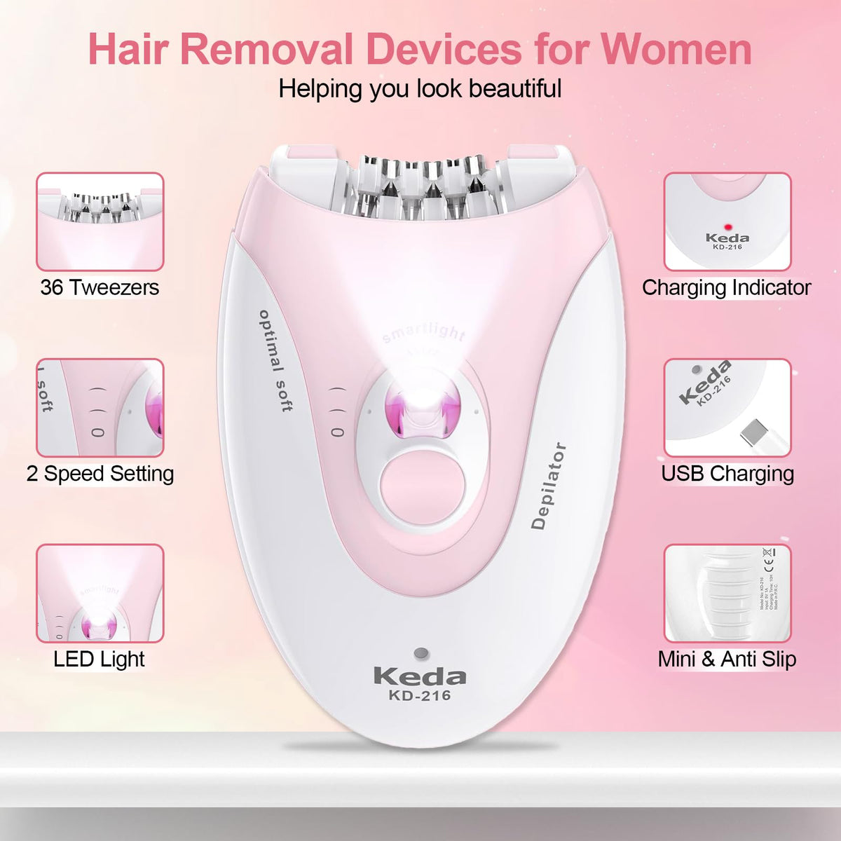 2 Speeds Rechargeable Epilator with LED Light C528