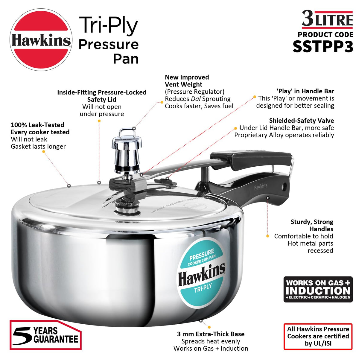 3 Litre Tri-Ply Stainless Steel Pressure Cooker G366434
