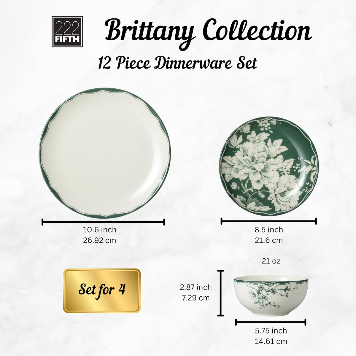 12-Piece Porcelain Dinnerware Set for 4, White & Sage Green Plates and Bowls Set S434