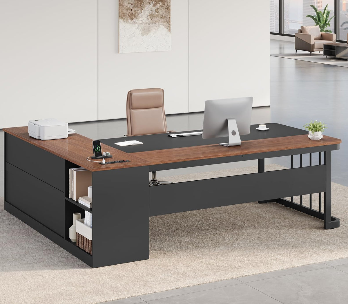 71" L Shaped Computer Desk with Drawers and Power Outlets G728964