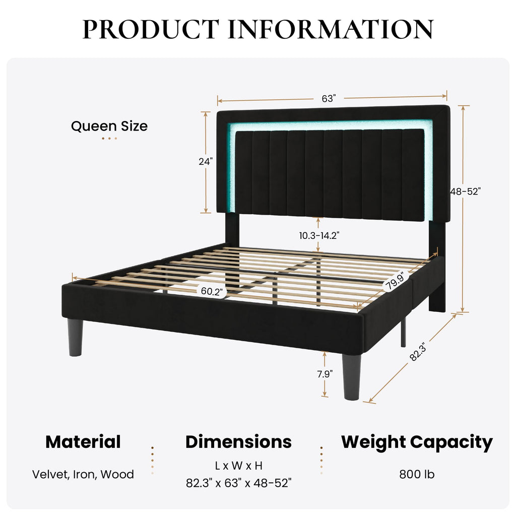 Queen Size Black Velvet Bed Frame with LED Light Z228