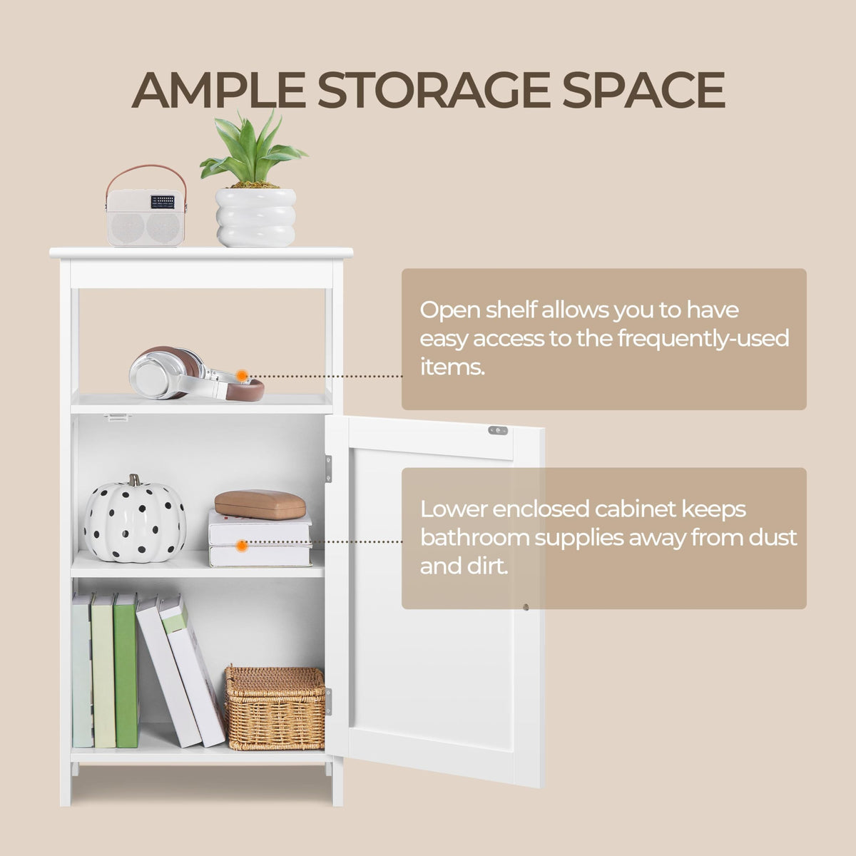 White Bathroom Storage Cabinet with Door & Open Shelf G8196