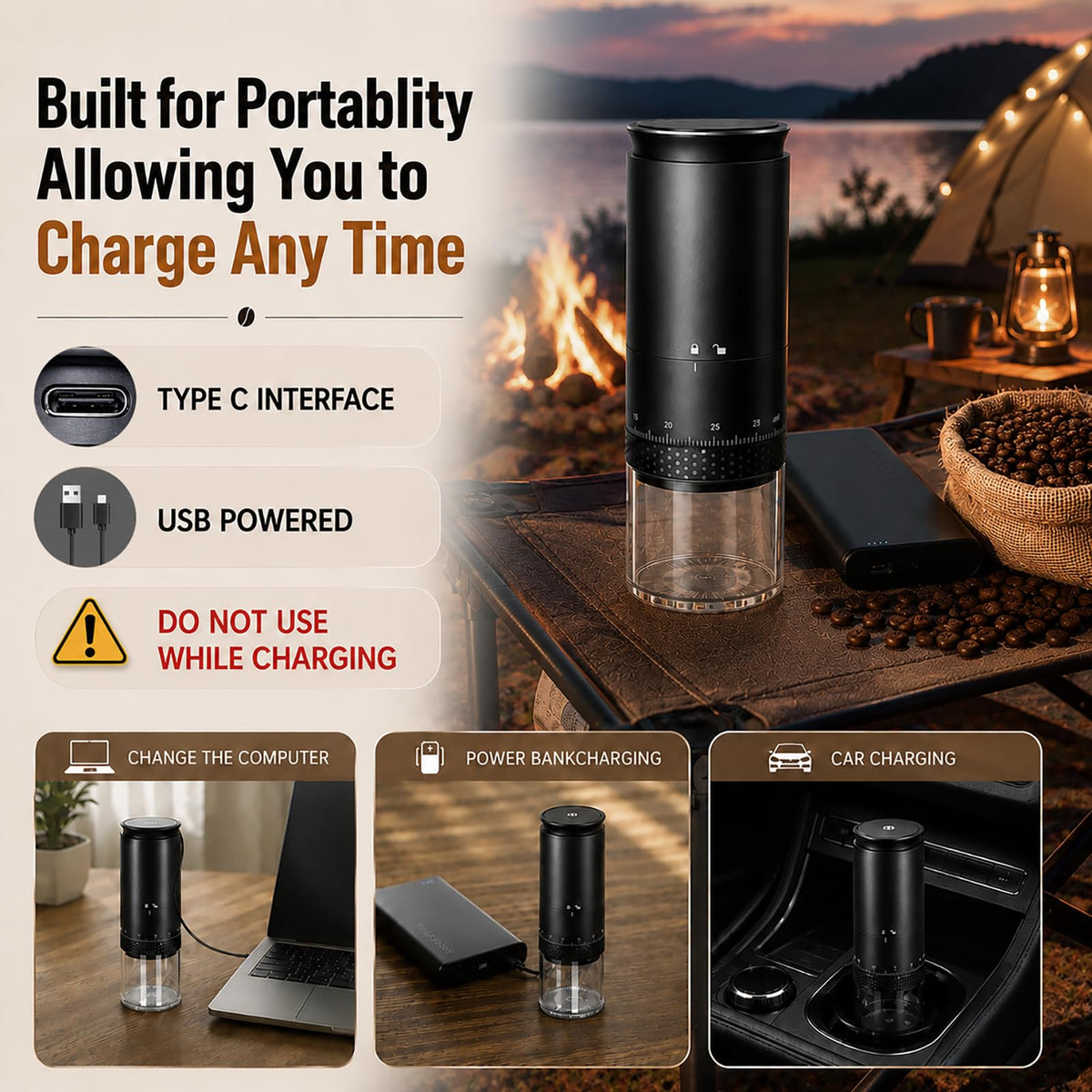 Portable Electric Coffee Grinder, Stainless Steel Conical Mill, USB-C Cordless, 38 Adjustable Grind Settings O8121