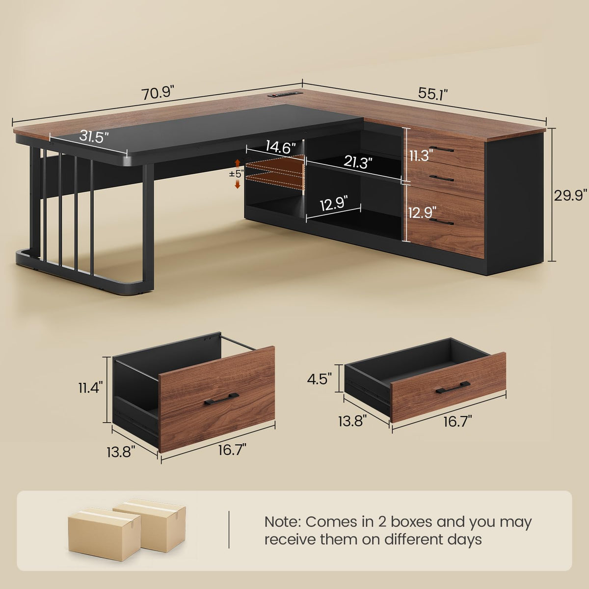 71" L Shaped Computer Desk with Drawers and Power Outlets G728964
