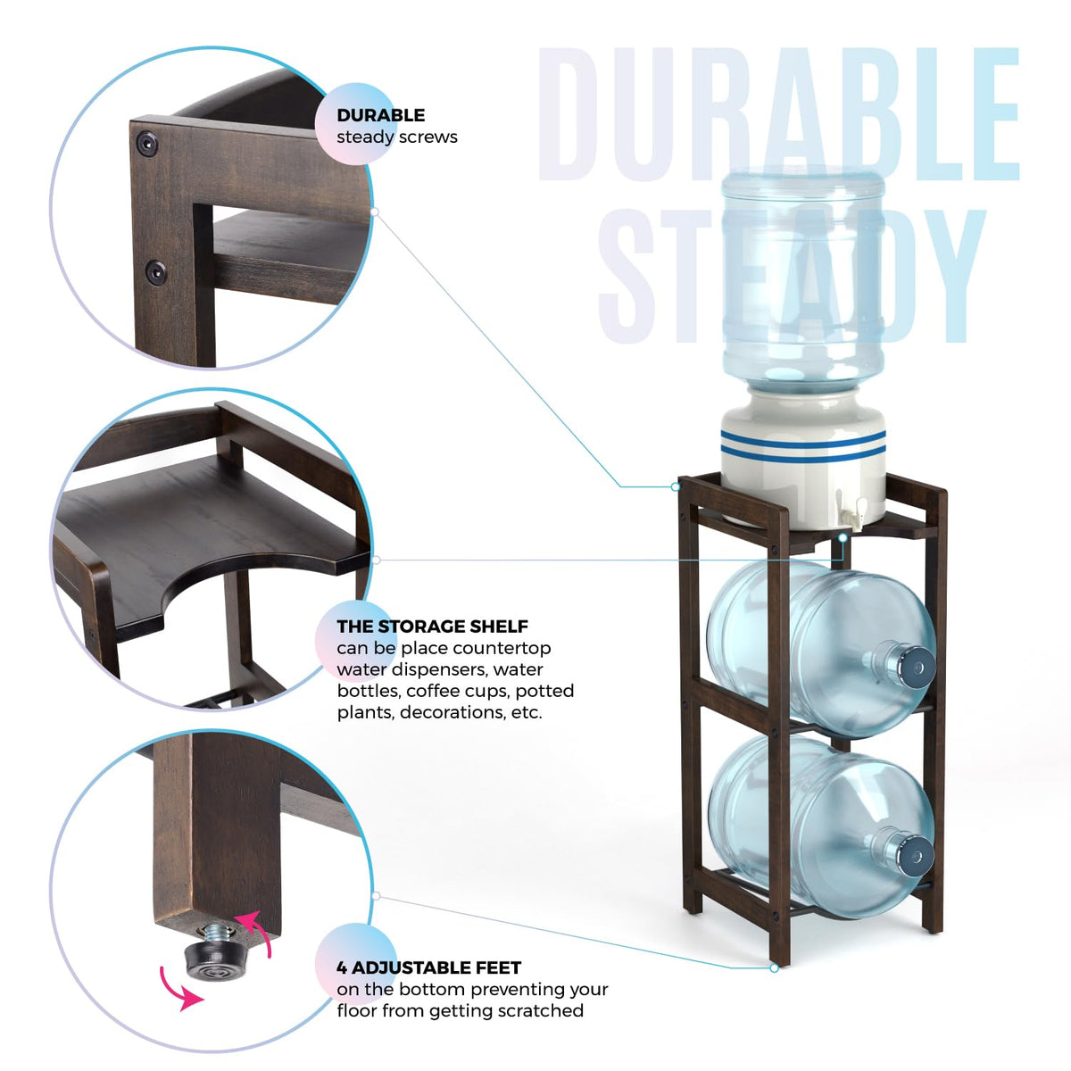 5 Gallon Water Jug Holder with Top Shelves, 3-Tiers Solid Wood Water Dispenser Stand K3592