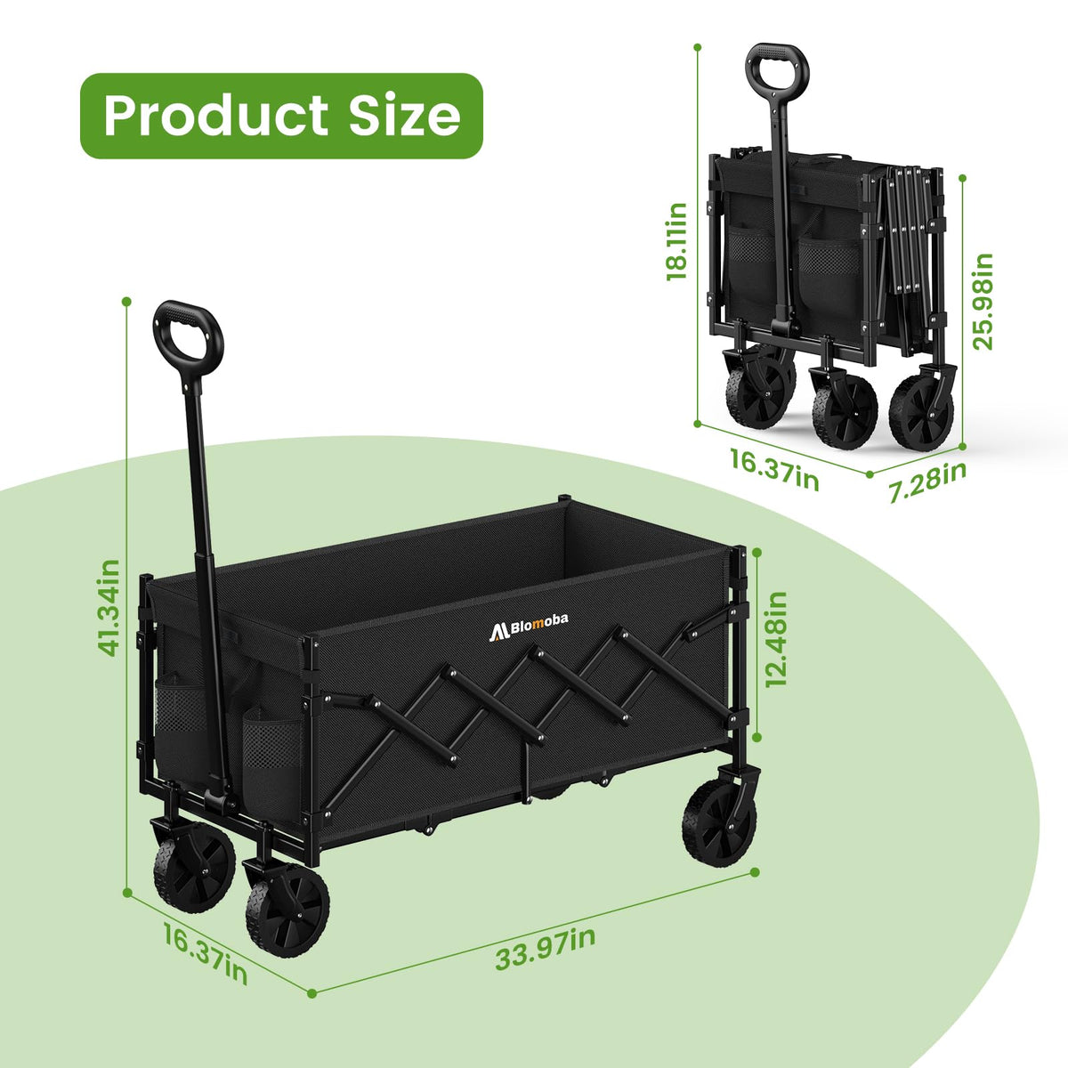 35" Extra Long Folding Wagon with Adjustable Handle & Wheels, Black D4175