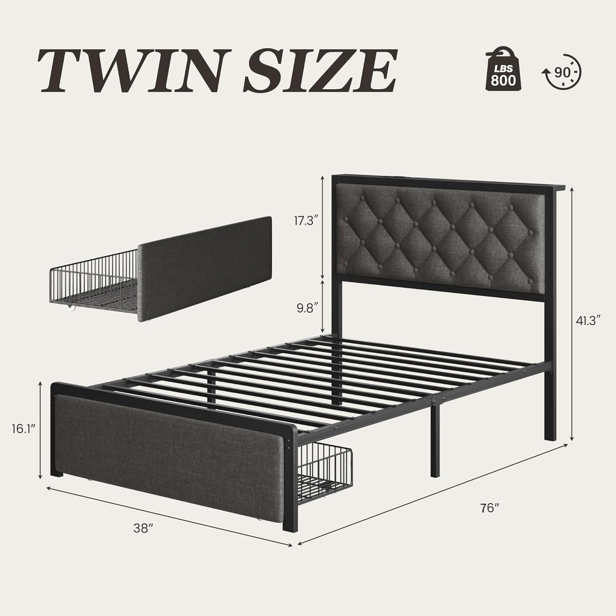 Grey Twin Bed Frame with Storage Drawer G159399