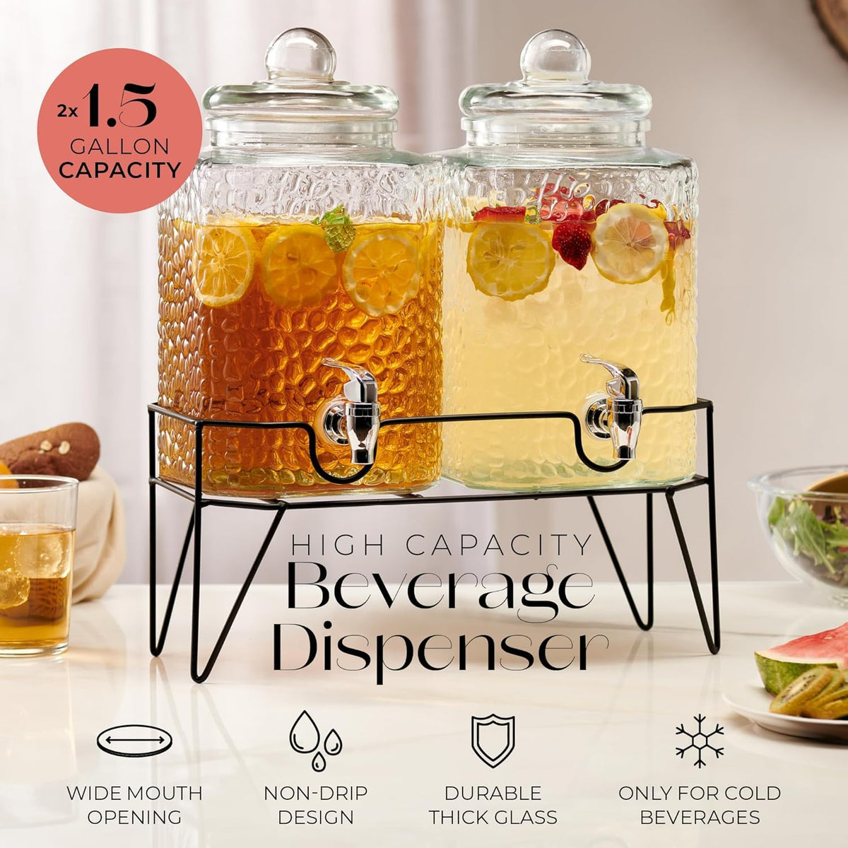 Glass Beverage Dispenser with Metal Stand Set of 2 O4226