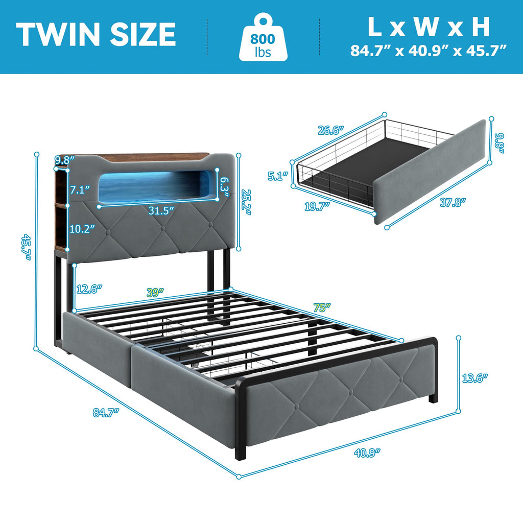 Twin Upholstered Velvet Platform Bed Frame with 2 Storage Drawers K4332