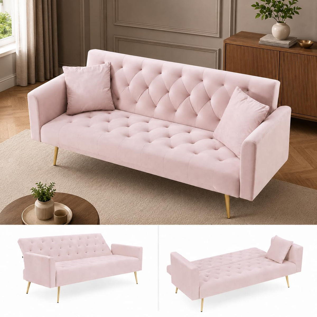Pink Velvet Futon Sofa Bed F55310