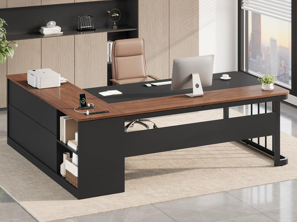 71" L Shaped Computer Desk with Drawers and Power Outlets G728964