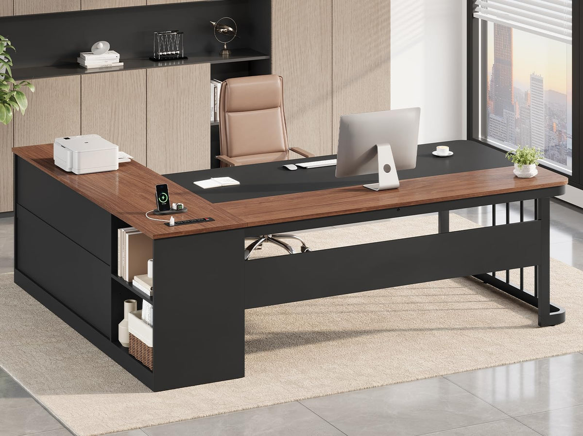 71" L Shaped Computer Desk with Drawers and Power Outlets G728964