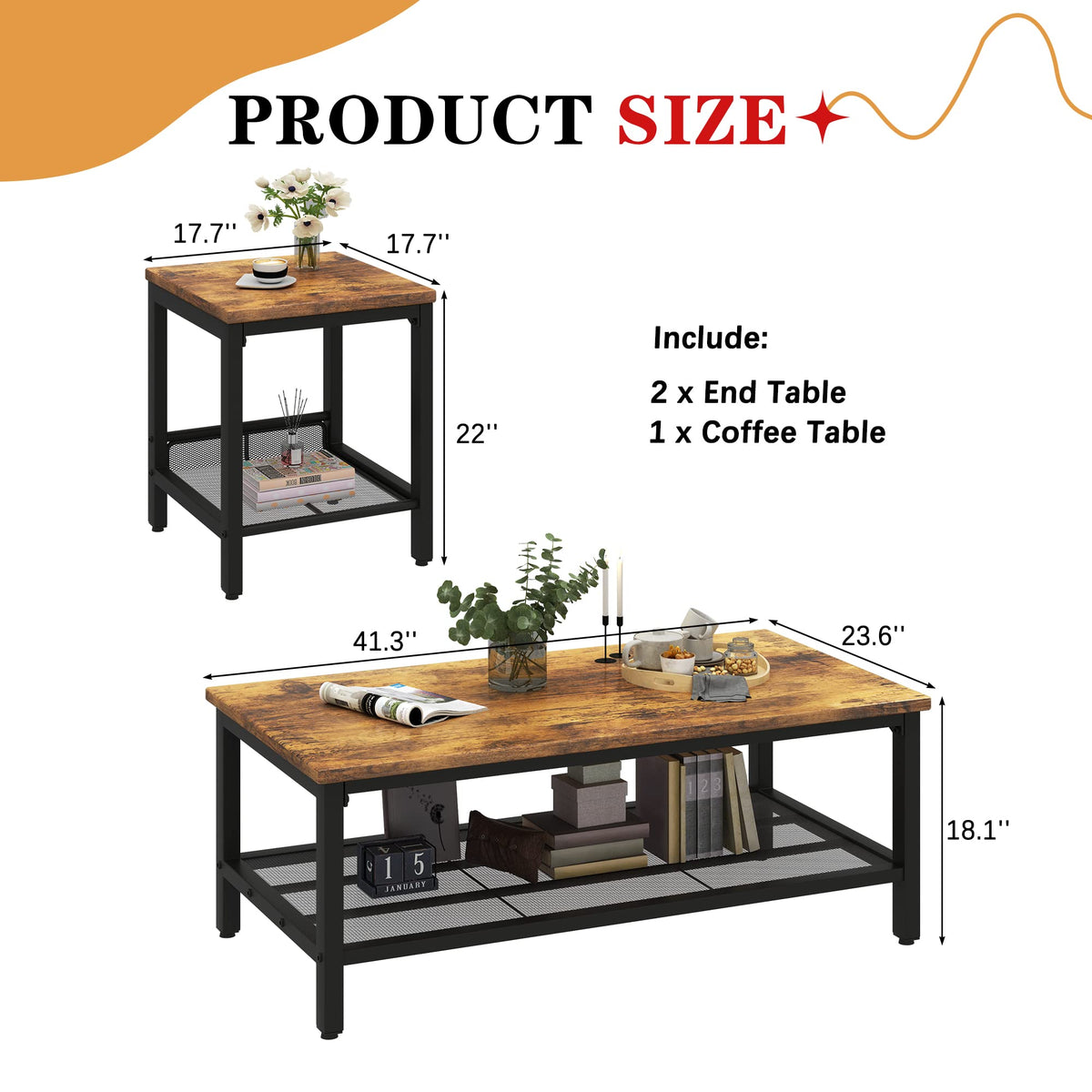 Brown Coffee Table Set of 3 with Metal Frame E21077