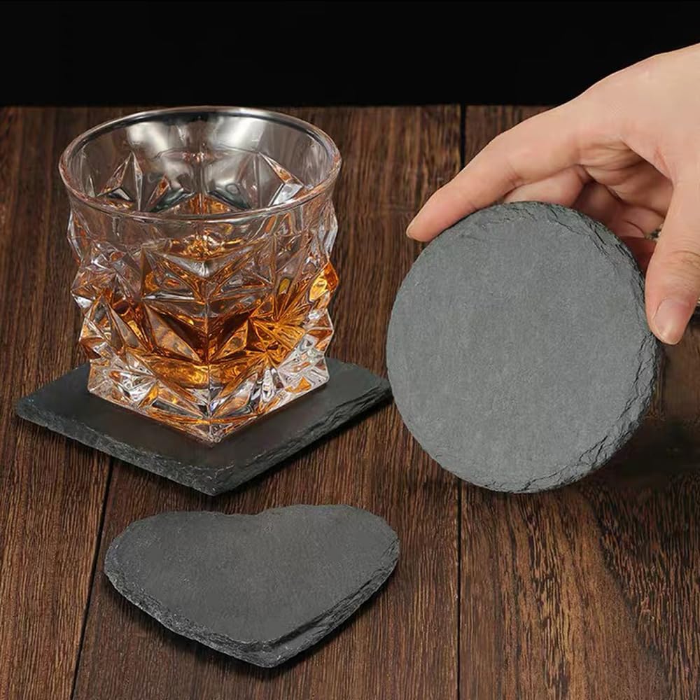 8 Pack Black Slate Coasters with Metal Holder O57879