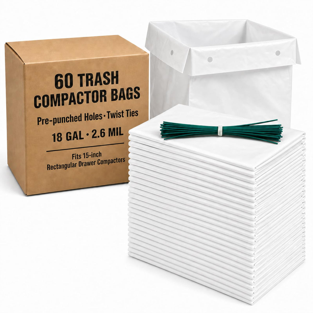 60pack 2.6 Mil 18 Gal Trash Compactor Bags J4614