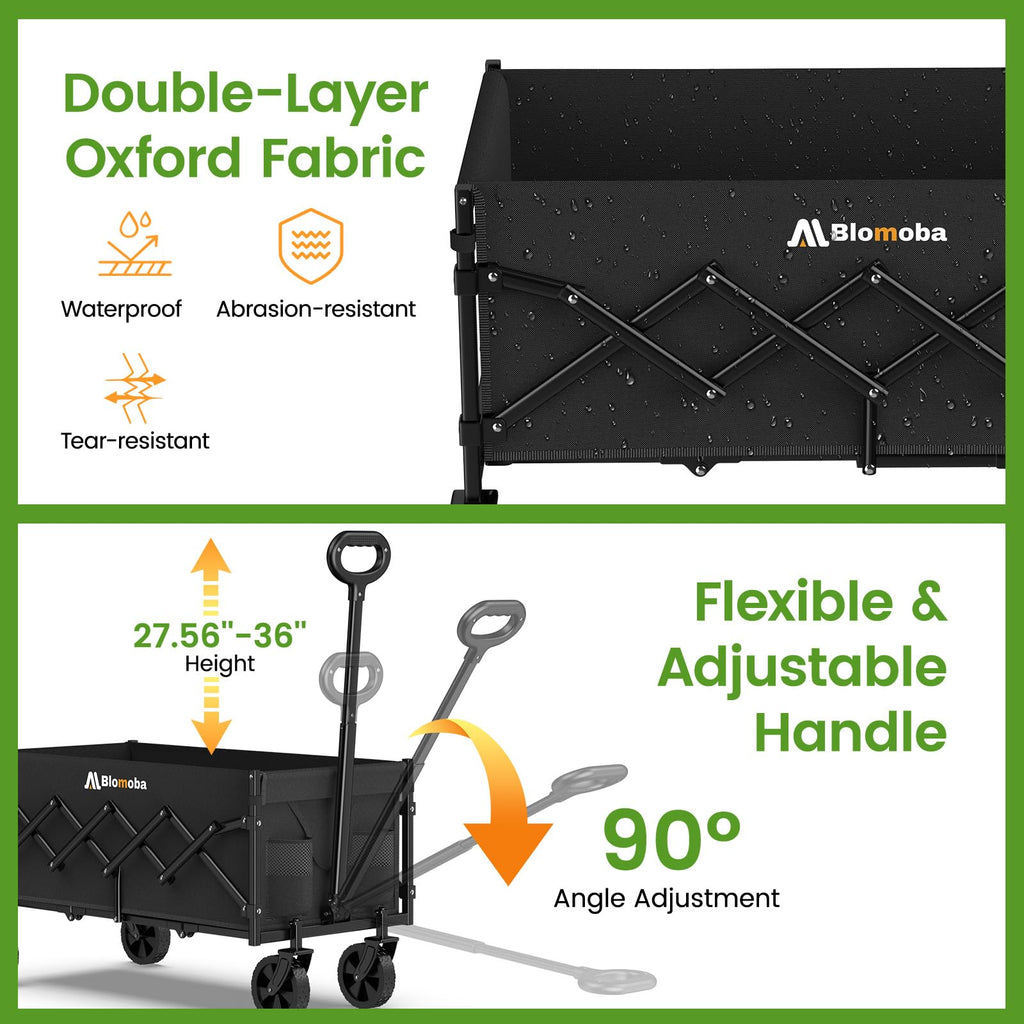 35" Extra Long Folding Wagon with Adjustable Handle & Wheels, Black D4175