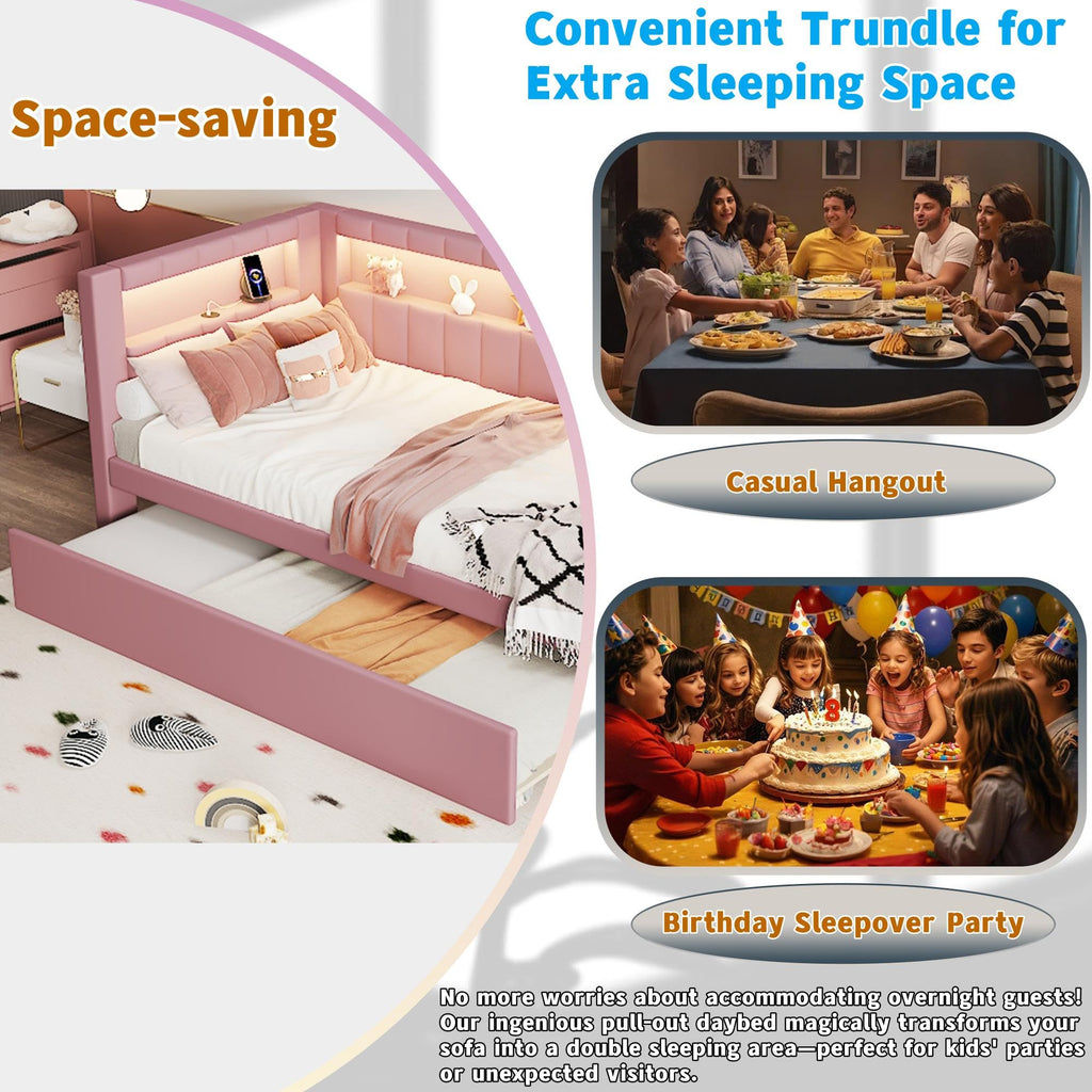 Twin Size Linen Fabric Daybed with Trundle and USB Ports K30954