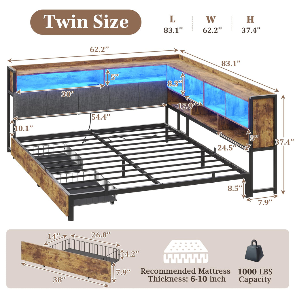 Full Size Corner Bed Frame with Storage and Drawers E787