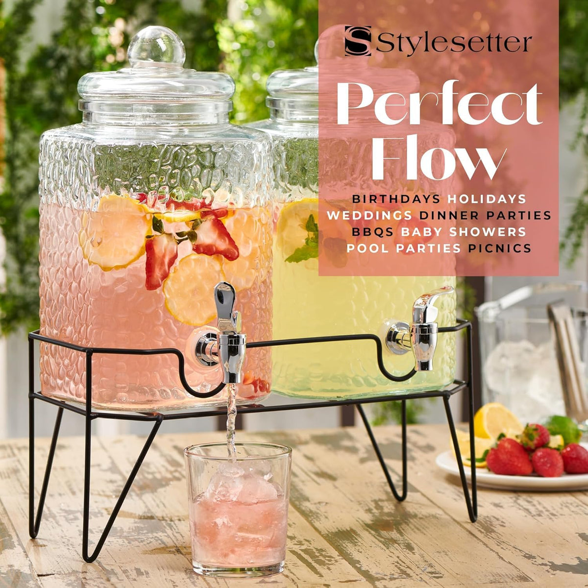 Glass Beverage Dispenser with Metal Stand Set of 2 O4226