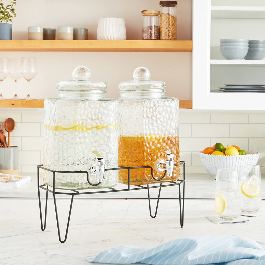 Glass Beverage Dispenser with Metal Stand Set of 2 O4226