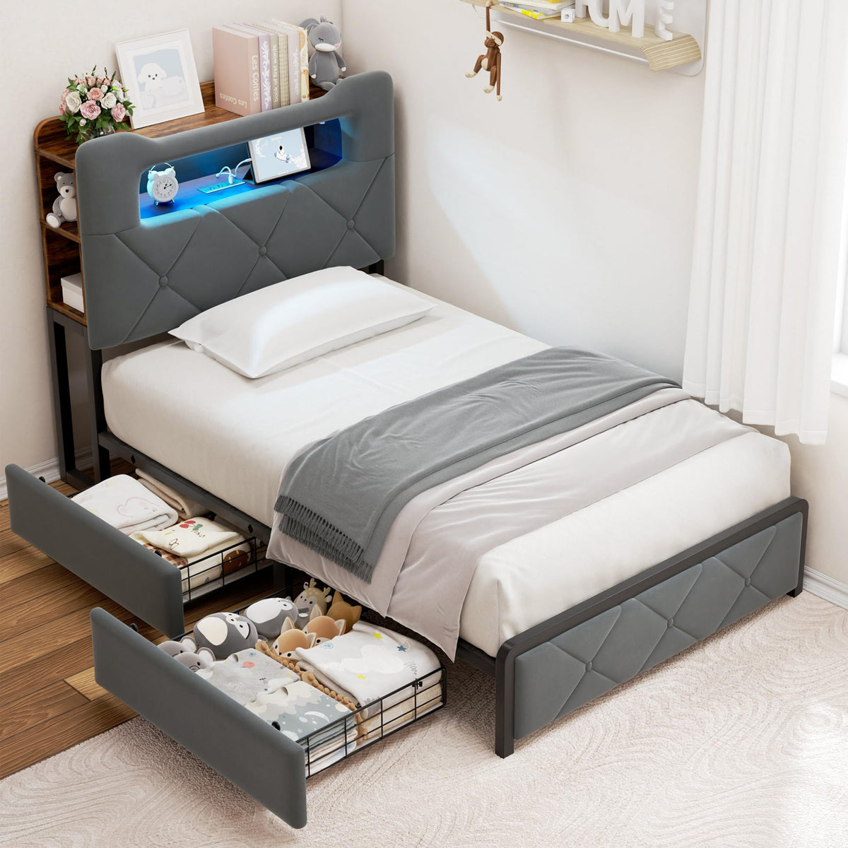 Twin Upholstered Velvet Platform Bed Frame with 2 Storage Drawers K4332